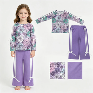 Ensemble de vêtements à manches longues pour filles, imprimé floral, avec attaches latérales, pantalon violet, tenue confortable - Product Image 5