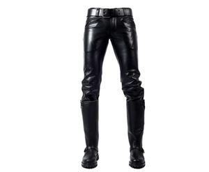 กางเกงมอเตอร์ไซค์บุรุษเคลือบ PU สีดำ เอวสูง ทรงตรง หนานุ่ม พร้อมเข็มขัด ซิปหน้า สไตล์ฤดูหนาว - Product Image 1