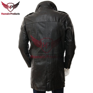 Manteau trench en cuir véritable noir pour homme, mi-long, en cuir de vachette, col convertible, épaulettes, fermeture éclair, poche poitrine, vêtement d'extérieur personnalisé, nouveauté - Product Image 4
