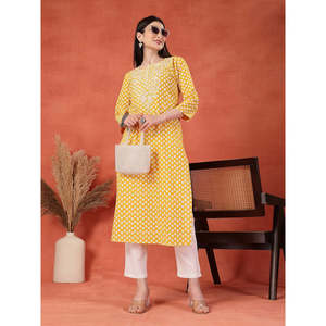 ชุดคุर्ตาผู้หญิงลายดอกไม้ คอวี ผ้าฝ้ายแท้ ระบายอากาศได้ดี ปักลายแบบไม่สมมาตร สไตล์ลำลอง ไซส์ XL ผ้าป๊อปลินผสมไหม - Product Image 1