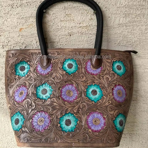 แฟชั่นใหม่กระเป๋าหนังวัวแท้ลายดอกไม้เทอร์ควอยซ์สีม่วงสำหรับผู้หญิงลายดอกไม้สไตล์ตะวันตก - Product Image 6