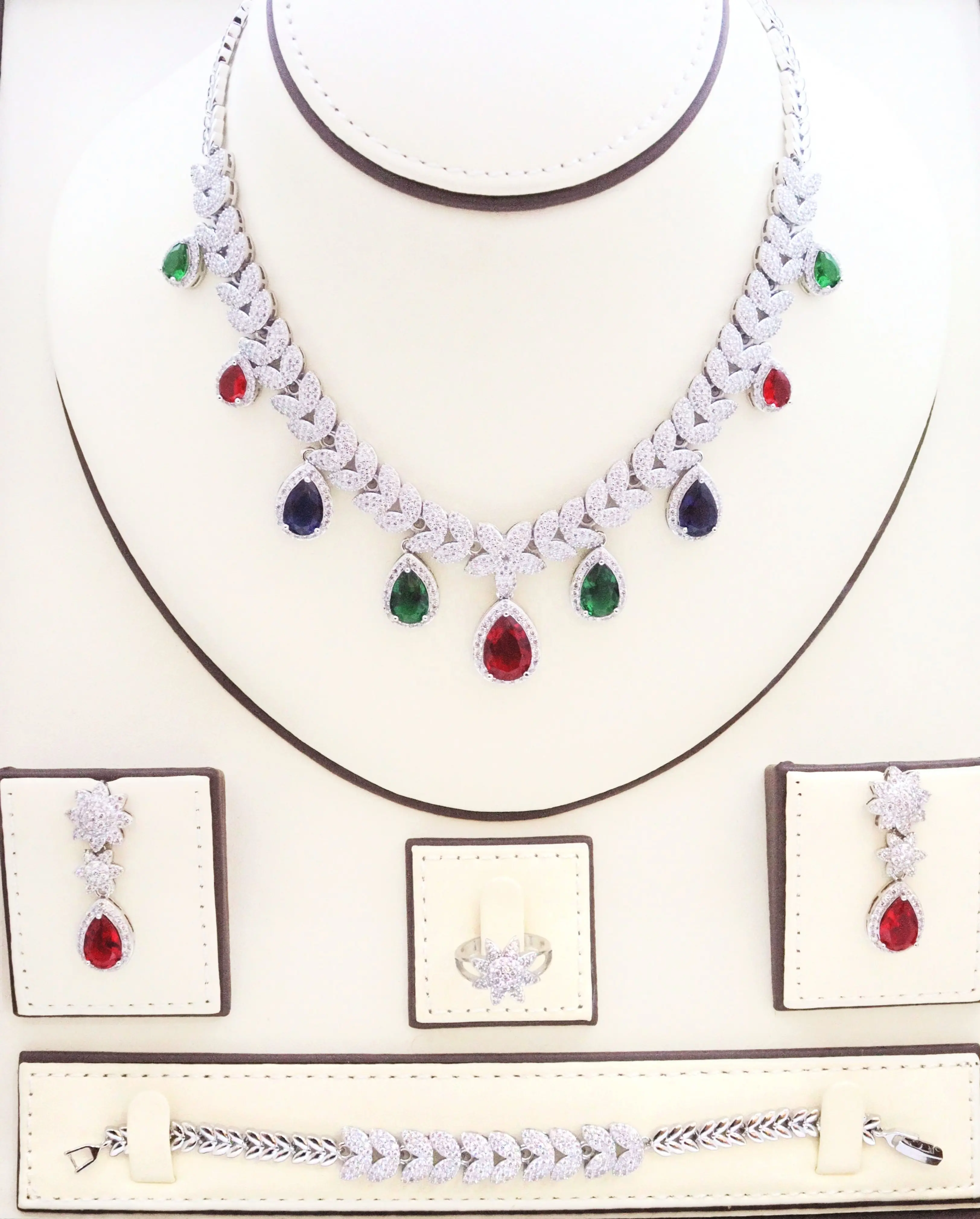 Women's Fashion Cubic Zirconia studded Multi Color Hanging stones Four pieces Gold plated Necklace set
