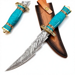 Couteau à lame fixe neuf en acier Damas, couteau Bowie de collection, couteau de chasse avec manche en pierre, couteau de survie avec étui - Product Image 1