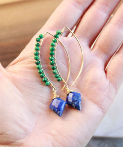 Lapis และ Malachite ลูกปัด925ต่างหูห้อยชุบทองเงินสำหรับผู้หญิงต่างหูห่อลวดอัญมณีทำด้วยมือ - Product Image 1