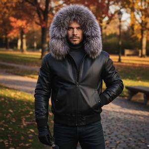 Blouson aviateur en cuir décontracté à motif écossais respirant pour homme avec capuche en fourrure de renard, style moto - Product Image 2