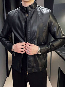 Chaqueta de cuero genuino de alta calidad para invierno, con cuello alto, teñida en color liso, a la moda y cálida, para la temporada de invierno. - Product Image 3