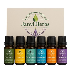 Janvi Herbs Private Label OEM Six kits d'aromathérapie Huiles essentielles pures 6pcs Coffret cadeau Diffuseur Spa Arbre à thé Jasmin Lavande - Product Image 5