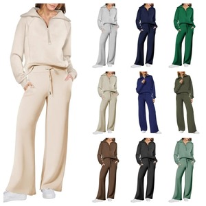 Nouveauté 2025, ensemble de vêtements de sport pour femmes en deux pièces, taille plus, 100% coton, sweat-shirt à col rond en dentelle unie, demi-zip, pantalon droit - Product Image 4