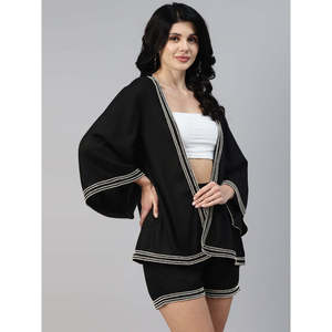 Deebaco Women's <b>Black</b> 2 Piece Co-Ord Set V-Neck 3/4th Sleeves <b>Sequined</b> Trim Loose Fit Casual Blazer With Short Summer Outfits - Product Image 4