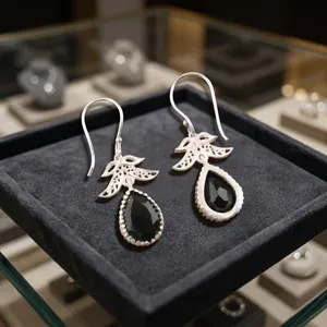 Women’s 925 <b>Sterling</b> <b>Silver</b> Bohemian Drop <b>Earrings</b> Geometric Pattern Green Tourmaline Bezel Set Handmade <b>Dangle</b> <b>Earrings</b> - Product Image 2