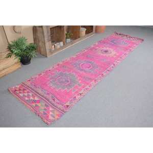 Tapis Turc Vintage Grand 3.1 X 11.2ft Rose Violet Laine avec Motif Abstrait Patchwork Design pour Couloir Chambre Latex Soutenu - Product Image 1