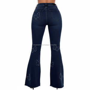 กางเกงยีนส์ทรงบานปักลายผีเสื้อเอวสูงสำหรับผู้หญิง ลดราคาสุดฮอต รุ่นใหม่สุดฮิต สีน้ำเงินเข้ม ขากว้างทรงระฆัง - Product Image 5