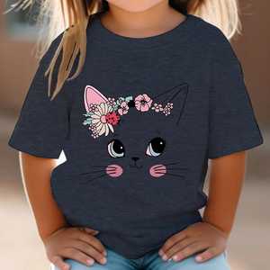 Camiseta de algodón 100% para niños de manga corta OEM personalizado cuello redondo estampado de gato transpirable Jersey estilo Casual - Product Image 6