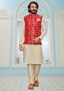 Ropa de fiesta tradicional Heavy Banglori Silk con interior en Kurta con pijama y chaqueta Koti para hombres Precio al por mayor Surat - Product Image 4