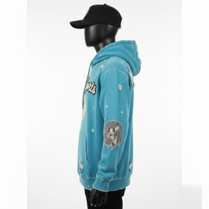 Sudadera con Capucha Premium de Tela de Felpa de 330 g/m², Diseño Desgastado, Color Verde Azulado, Logotipo Bordado en Chenilla Personalizado, Suave y Cálida, Estilo Urbano Básico - Product Image 3