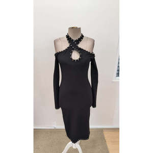 Vestido midi de scuba con hombros descubiertos, cuello halter, detalle caído y adornos para mujer, 31018 - Product Image 5