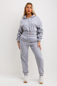 Vente en gros ensemble de survêtement gris 2 pièces pour femmes avec manches froncées surdimensionnées et 100% coton ensemble de survêtement jogger 2 pièces pour femmes - Product Image 2