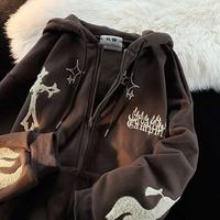 Sudadera con Capucha Bordada Estilo Gótico para Hombre, Estilo Urbano Harajuku Retro Hip Hop, Sudadera con Capucha Holgada Informal con Cierre, Ropa Y2K