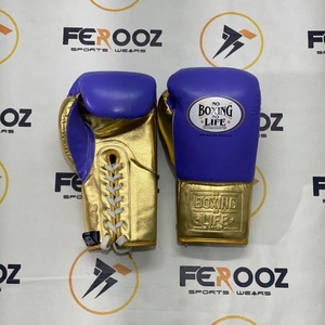 Gants de boxe en cuir véritable à lacets pour l'entraînement, bleu doré, respirants et anti-UV, vente en gros de gants de boxe sportifs - Product Image 1