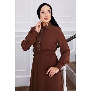 <b>Brown</b> Modest Dress with Stone Detail Waist Pleating HiジャBrow - Product Image 2