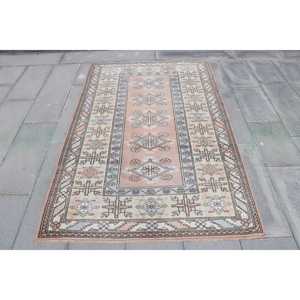 Vintage 4.2x6.3 ft Rug, Turkish Rug, <b>Brown</b> Striped Rug <b>Wool</b> - Product Image 1