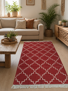 Tapis de couloir Kilim indien fait main en coton tissé plat, rouge, géométrique, moderne, hexagonal, épais, avec franges, pour salon et couloir - Product Image 1