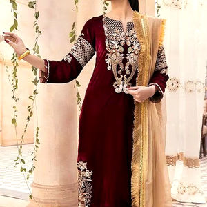 Élégant beau velours Kurta pantalon Duppatta robe dentelle embellissement Zari broderie paillettes naturelles pour mariages fêtes 2024 - Product Image 1