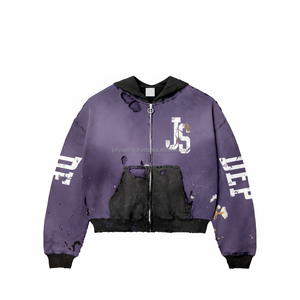 Premium 360 GSM cotton fleece <b>zipper</b> hoodie distressed wash purple black tone <b>heavy</b> <b>duty</b> print custom logo Basics <b>Zipper</b> Hoodie - Product Image 1