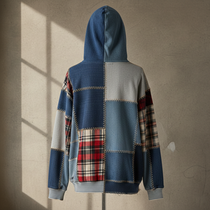 OEM Custom Scrap Fabric Design Winter Women's Front Logo Hoodie Sustainable Fashion Reworked Denim and <b>Flannel</b> Pullover - Product Image 2