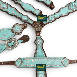 Juego de cabeza de caballo y cuello de pecho de cuero turquesa: lavado ácido plateado - Product Image 2