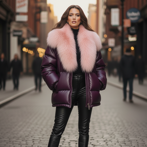 Veste d'hiver pour femme en cuir véritable matelassée coupe-vent à carreaux fins avec fermeture éclair et col en fourrure de renard - Product Image 1