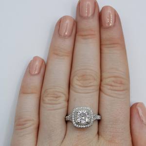 6mm Cushion Cut Moissanite Engagement <b>Ring</b> with Double Halo and Pave Side Stone Band | Bridal Wedding <b>Fine</b> Jewelry - Product Image 3
