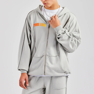 Sweat à capuche zippé épais 330g de haute qualité pour homme, 100% coton molletonné, coupe oversize et carrée, avec appliqué brodé personnalisé et épaules tombantes - Product Image 1