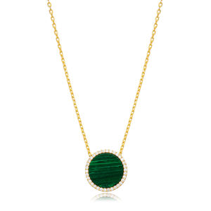 15 mm forme ronde Malachite et pierre CZ 925 collier à breloques en argent Sterling bijoux faits à la main en gros - Product Image 1
