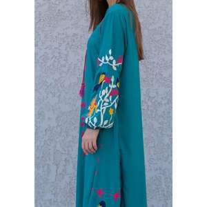 <b>Women</b> Solid Color Embroidered Long Kaftan <b>Dress</b> With Balloon Sleeves Ethnic Boho Maxi Resort Wear - Product Image 3
