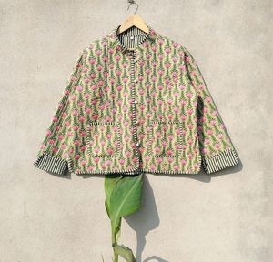 Vert rose hiver lavé décontracté veste matelassée femmes rayé passepoil fait à la main Vintage Boho Double face robe - Product Image 1