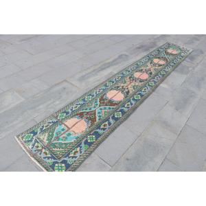 Alfombra Turca Vintage de 1.9x11.6 pies (58x355 cm), Alfombra de Lana Azul Ombré - Product Image 3