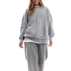 Nueva llegada 100% algodón gota hombro pulóver de gran tamaño sudaderas mujeres Vintage ácido lavado cuello redondo sudadera - Product Image 2