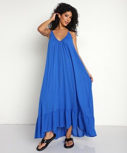 ชุดเดรสผ้าเรยอนสำหรับผู้หญิงชุดแม็กซี่เดรสชายหาดแขนกุดเปิดหลังสีน้ำเงิน - Product Image 2