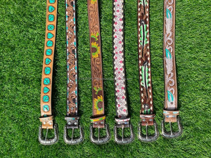 Nouvel arrivage de ceintures florales occidentales en cuir véritable usinées à la main et peintes à la main Ceintures unisexes en cuir véritable usiné à la main - Product Image 5