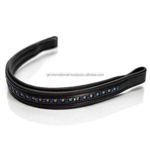 Bande de sourcil de cheval en cuir rembourré doux de vache à canal vide de forme droite faite à la main incrustée de cristaux bleus marins décoratifs bling - Product Image 5