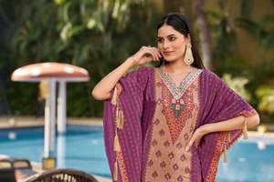 Belle crêpe naturelle Viscose ODM Designer numérique imprimé léger cheville longueur caftan travail manuel broderie avant point culminant - Product Image 6