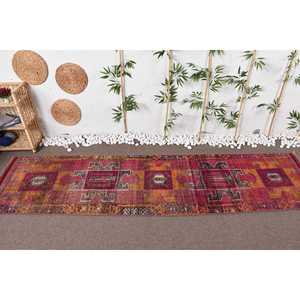 Vintage Turkish Rug, 2.8x11.1 ft <b>Runner</b> Rug, <b>Red</b> Herki Moroccan Rug - Product Image 3