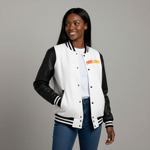 Veste d'hiver matelassée de qualité supérieure pour femmes, 100% laine, manches en cuir, broderie, camouflage, design de baseball universitaire - Product Image 4