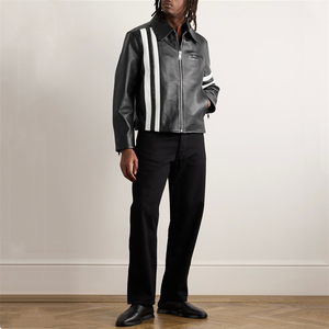 Chaqueta con cierre de cremallera ajustada de alta calidad de tendencia de moda personalizada OEM chaqueta de cuero a rayas atractiva personalizada para hombres - Product Image 2