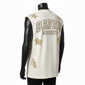 T-shirt 100% coton pour homme, coupe ample, imprimé, t-shirt sans manches en maille polyester de haute qualité, couleur crème, strass, logo personnalisé - Product Image 5