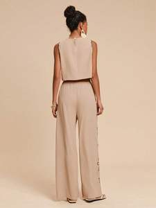 Ensemble de vêtements d'été en coton pur pour femmes, décontracté, uni, à manches courtes, long, 2 pièces, pour l'exportation en gros - Product Image 2