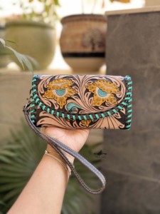Cartera tallada a mano, Cartera de mano, funda de teléfono con diseño occidental con color turquesa, elegante Cartera de cuero multiusos - Product Image 5