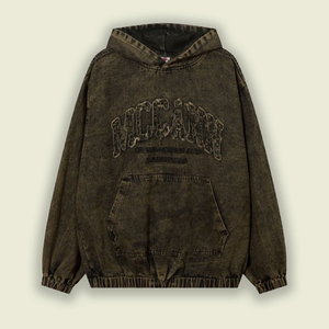 Sweat-shirt à Capuche Vintage en Denim Délavé Lettre Patch Broderie Grande Poche Taille Plissée Coupe Ample Sweat à Capuche Unisexe Grand - Product Image 1