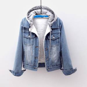 Wholesale Denim Jeans Hoodie <b>Ladies</b> Womens Winter Hoodie Jacket Casual Jeans Slim Fit Blue Denim Plus Size VARSITY Jackets - Product Image 2